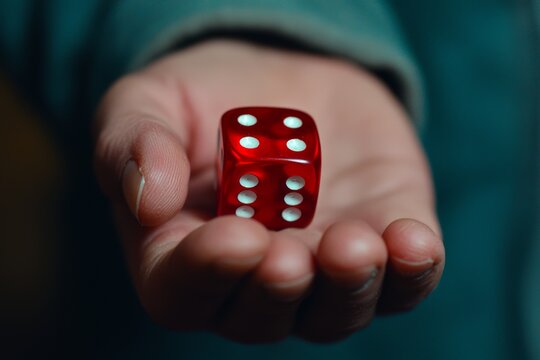 A hand holds a red die, showcasing its six sides with white dots, symbolizing chance and gaming.