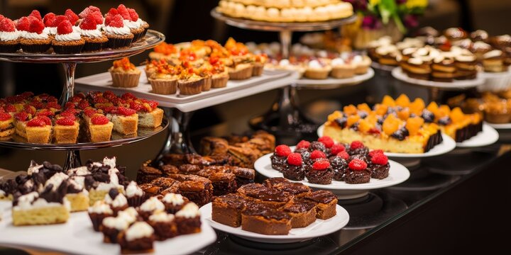 A variety of baked sweets displayed on a buffet offers an enticing selection of desserts. Indulge in these baked sweets, showcasing different flavors and styles at this delightful buffet.