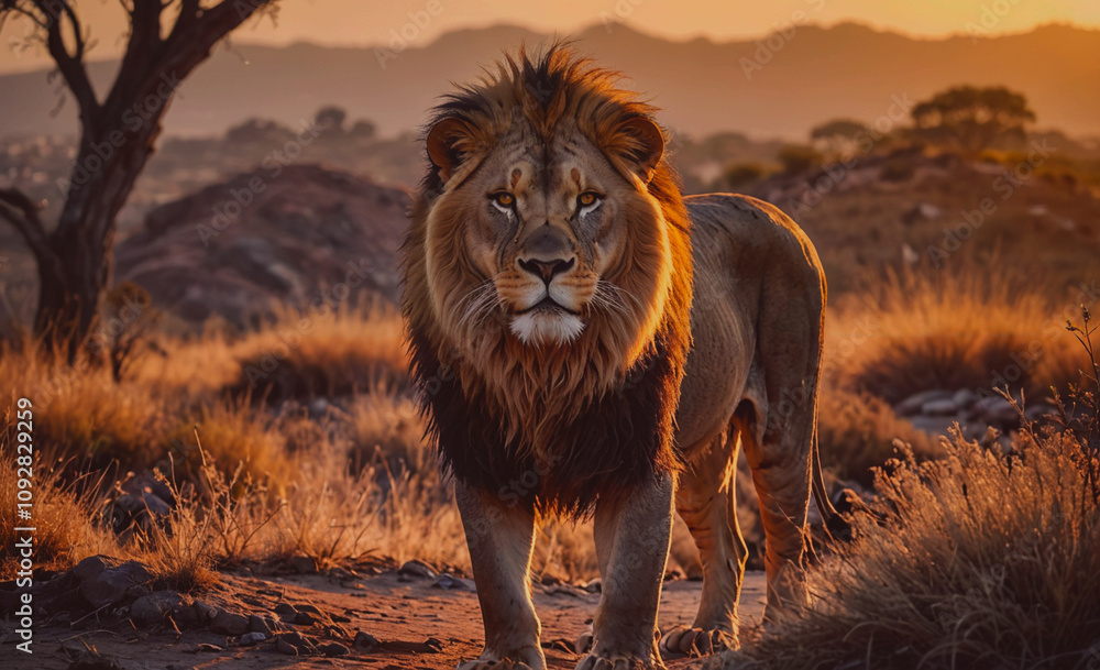 Poster lion is standing in the grass. the lion is brown and has a long mane. the lion is looking at the cam