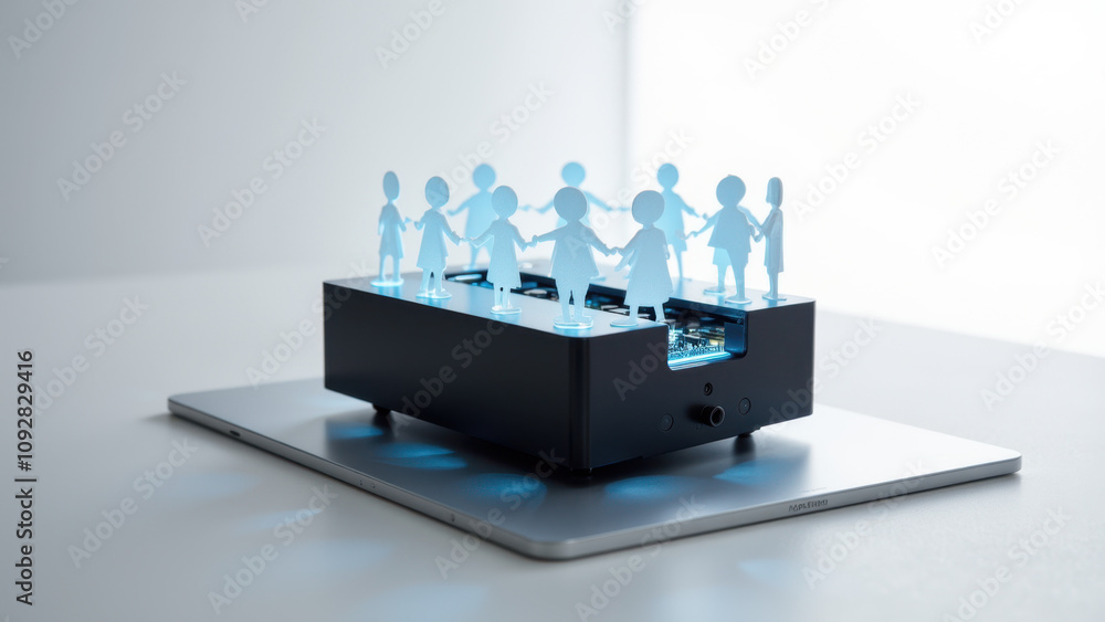 Poster black-box ai machine with holographic people around it on a futuristic setting.