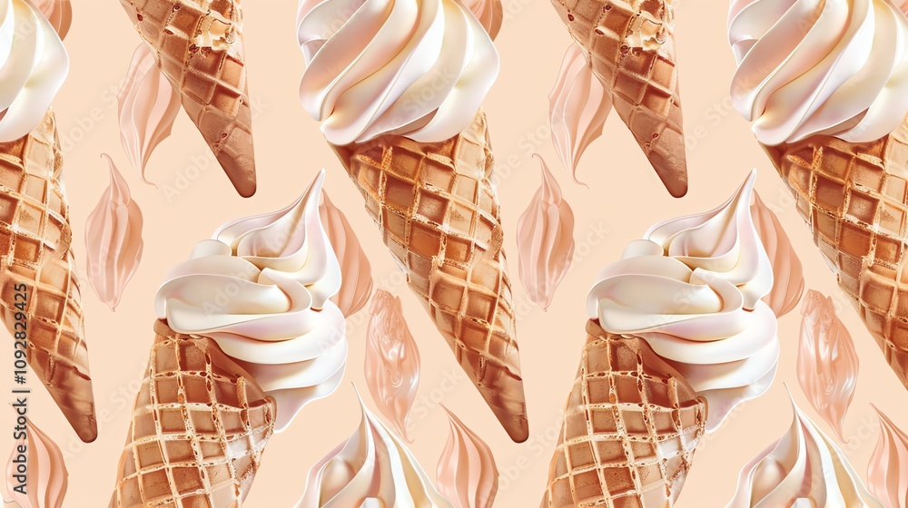 Poster a seamless pattern of ice cream cones and scoops of soft serve ice cream on a light pink background.