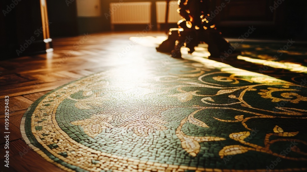 Poster a close-up of an ornate mosaic floor with intricate patterns and warm lighting.