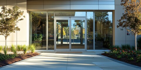 Front doors featuring glass and aluminum designs create an inviting entrance to the store and office, beautifully illuminated by sunlight with soft, selective focus enhancing the overall aesthetic.
