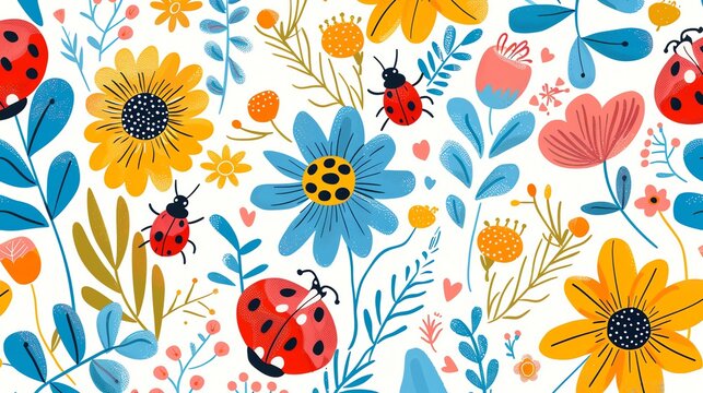 A colorful floral pattern with ladybugs on a white background.