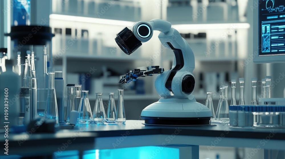 Poster futuristic robot assisting in a laboratory, advanced technology, clean and high-tech environment