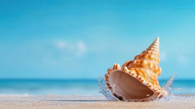 Droplets of water splashing off a seashell on the shore, seashell splash, beach motion