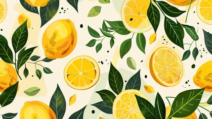 A seamless pattern of lemons and leaves on a white background.