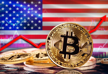 Bitcoin with USA flag in the background. Bitcoin rising with USA flag in the background.