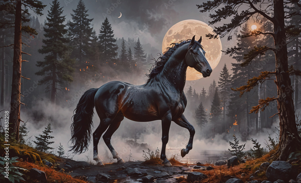 Poster black horse is walking in a forest with a full moon in the background. the moon is shining brightly 