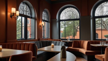 Here's a description and keywords for your stock photo.. Elegant restaurant interior with arched windows, plush seating, and natural light.