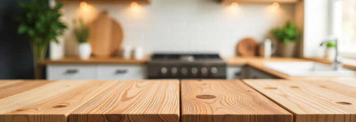 Wood table top on blur kitchen counter room background, for montage product display or design key visual layout, template