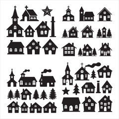 set of vector christmas village silhouette	
