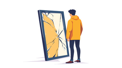 Young Man Holding Broken Mirror in Raincoat