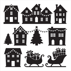 set of vector christmas village silhouette	
