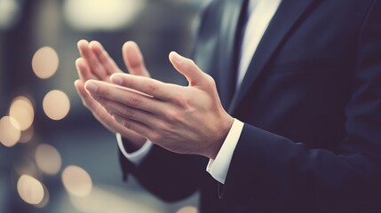 Fototapeta premium Photo of a happy young businessman in a suit with hands clapping and showing empty space for text