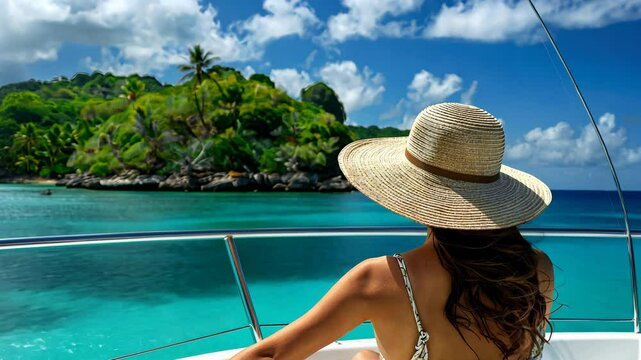 Beautiful girl on a luxury yacht in summer, woman on the boat, vacation and travel theme, bucket list lifestyle concept
