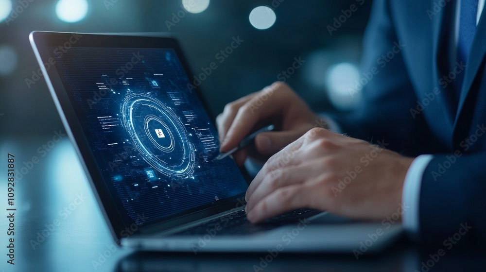 Poster business professional using laptop with digital interface for data analysis, futuristic technology d