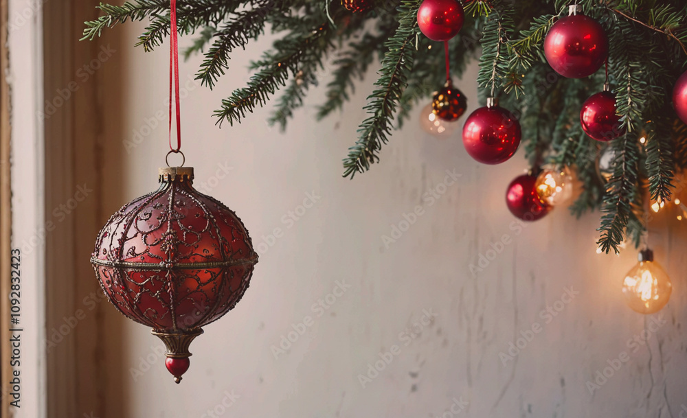 Poster red ornament hangs from a tree branch. the ornament is a glass ball with a red ribbon