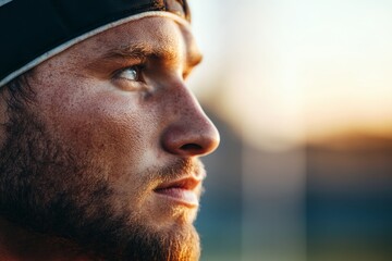 Obraz premium Intense close-up of an athlete with focused eyes, sweating slightly under the evening sun, symbolizing determination, strength, and the pursuit of excellence.