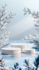 Fototapeta premium Elegant winter display with frosted podiums