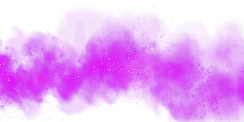 Fantastic purple smoke background. Magic purple smoke with glitter and small particles of twinkling stars. Fog with luminous particles. Purple vapor with stardust. Morning fog over land or water surfa