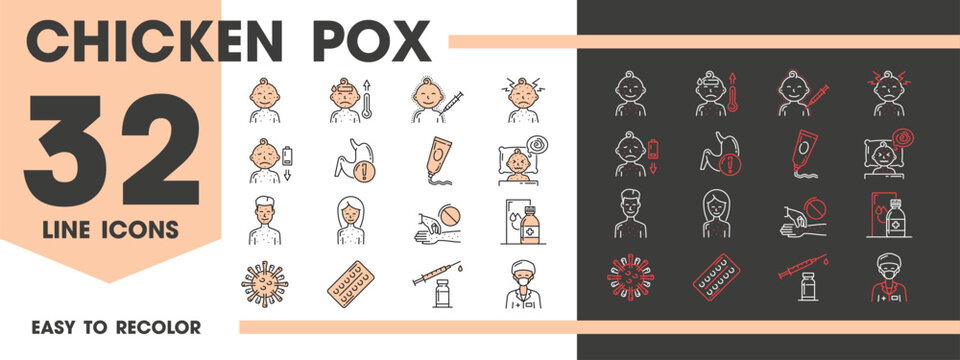 Chicken pox line icons, vector signs of rash spots, blisters, thermometer, calamine lotion, virus cell, sick kid and adult, medical syringes and healthcare symbols of diagnosis, symptoms and treatment
