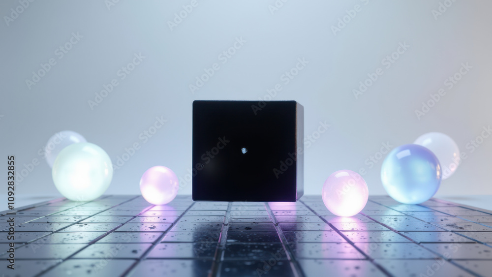Poster a futuristic ai device surrounded by glowing orbs on a grid surface.