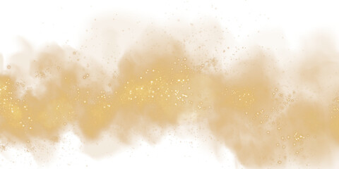 Fantastic golden smoke background. Magic golden smoke with glitter and small particles of twinkling stars. Fog with luminous particles. Yellow vapor with stardust. Morning fog over land or water surfa