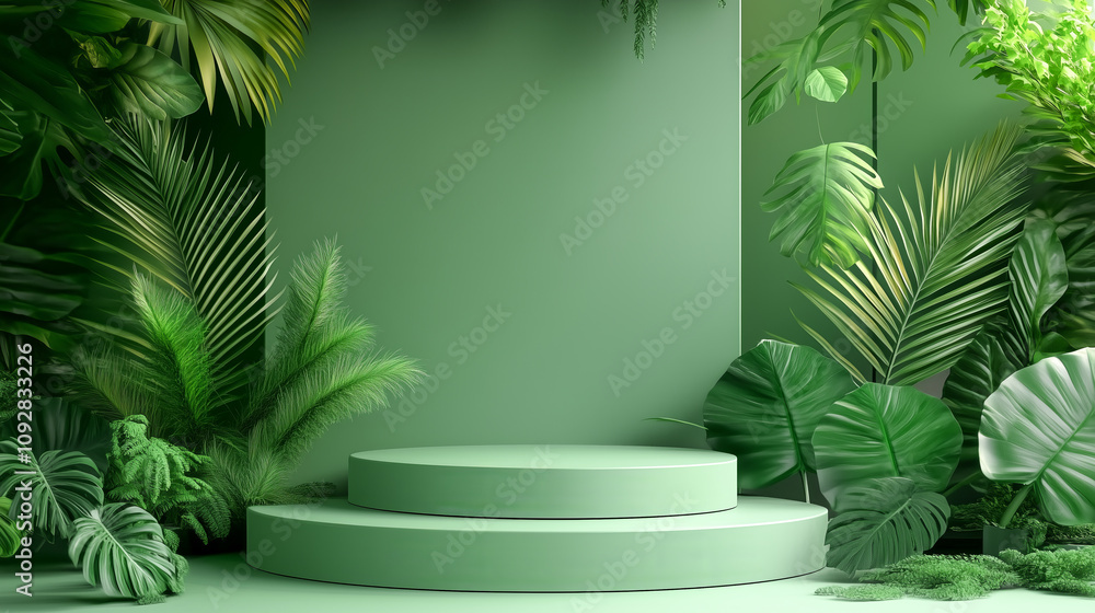 Aufkleber Green product display background podium table stage with foliage and leaves. Green background nature concept minimalism showcase template for advertisement and design