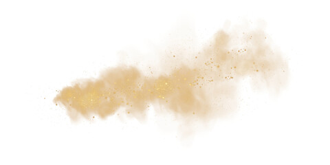 Fantastic golden smoke background. Magic golden smoke with glitter and small particles of twinkling stars. Fog with luminous particles. Yellow vapor with stardust. Morning fog over land or water surfa