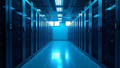 an empty data center showcasing multiple empty aisles of server racks, with natural sunlight streaming in through high windows create with ai