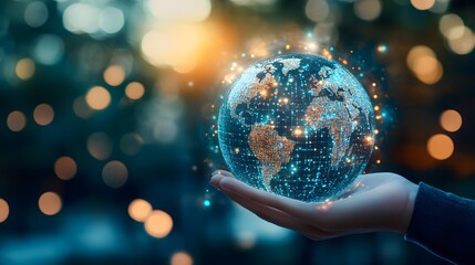 Digital technology background with a hand holding a blue globe and world map, symbolizing the global network of internet connections for online business and connectivity