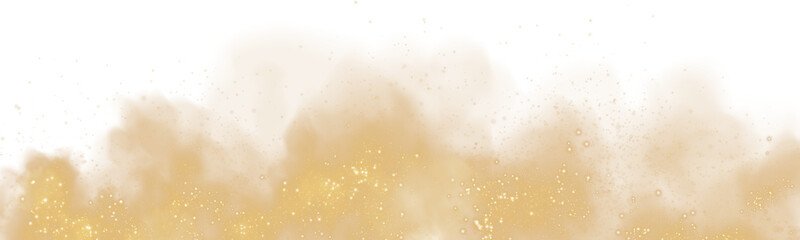 Fantastic golden smoke background. Magic golden smoke with glitter and small particles of twinkling stars. Fog with luminous particles. Yellow vapor with stardust. Morning fog over land or water surfa