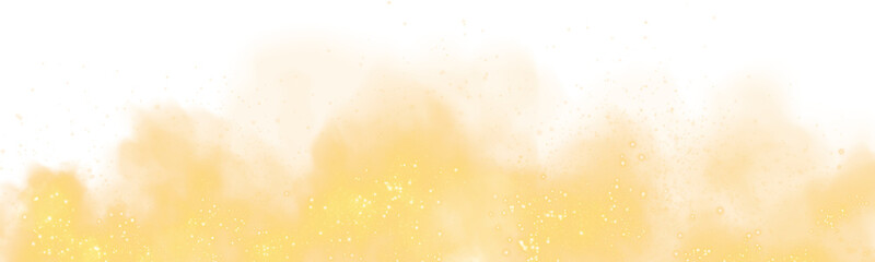 Fantastic yellow smoke background. Magic yellow smoke with glitter and small particles of twinkling stars. Fog with luminous particles. Yellow vapor with stardust. Morning fog over land or water surfa