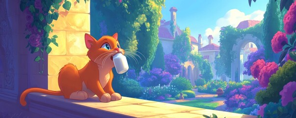 A playful orange cat sits on a ledge in a vibrant garden, holding a small cup.