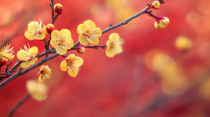 Branches with yellow apricot flowers on a bright red background. Tet, Lunar New Year or Chinese New Year card background, copyspace for your text. Spring flowers.