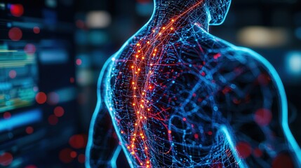 Futuristic digital representation of human anatomy with glowing neural pathways.