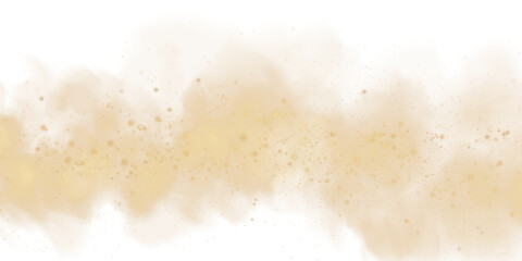 Fantastic golden smoke background. Magic golden smoke with glitter and small particles of twinkling stars. Fog with luminous particles. Yellow vapor with stardust. Morning fog over land or water surfa