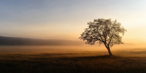 A solitary tree stands tall in a misty field during dawn, bathed in soft sunlight, evoking a sense of tranquility and connection to nature's beauty.