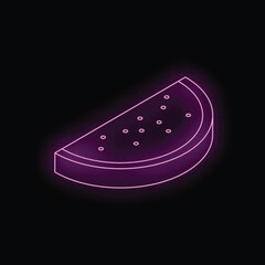 Neon icon of a watermelon slice glowing on a black background