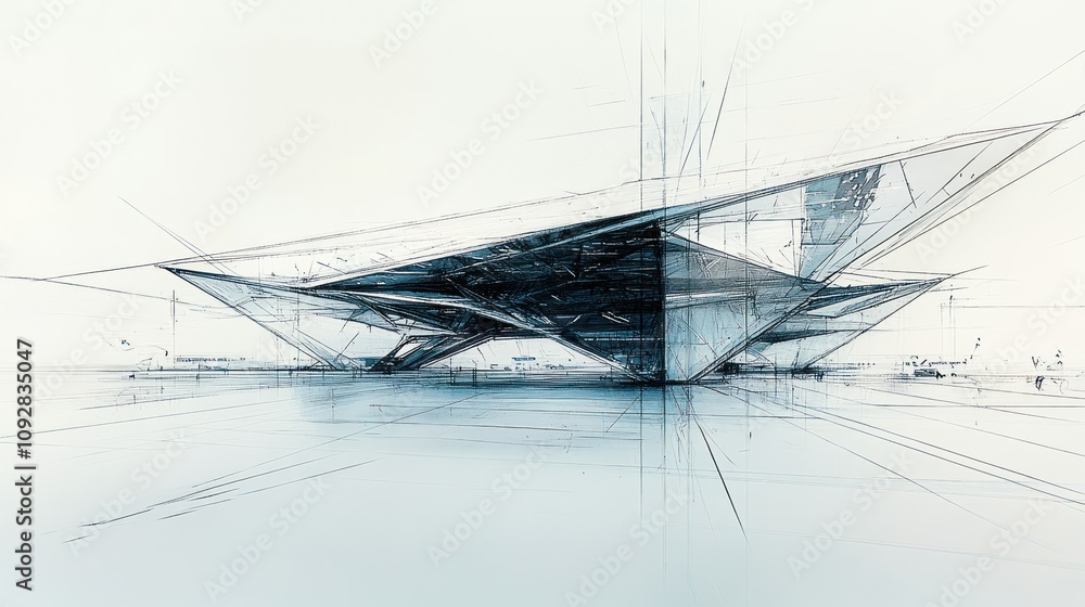Poster abstract architectural sketch showcasing a futuristic structure with dynamic lines and angles.