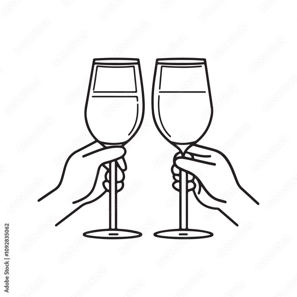 Poster hand holding two glass of wine graphics elements outline symbol for web isolated vector design