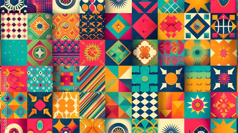 Poster a vibrant, geometric pattern of colorful square tiles with different patterns.