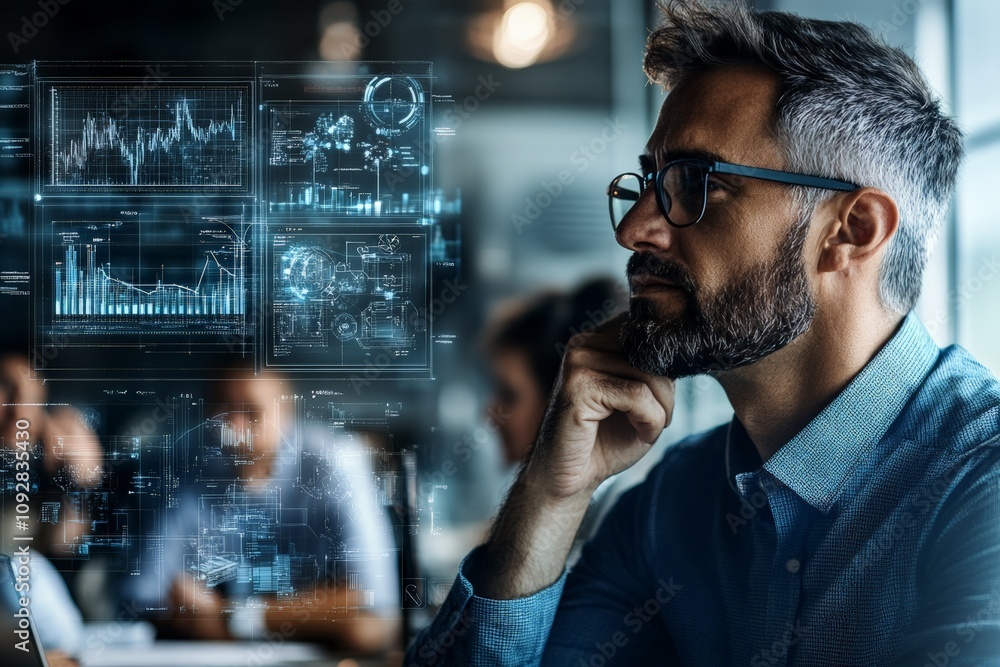 Poster a professional in a modern office setting intensely examines digital data on a futuristic interface,