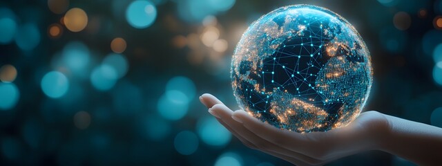 Digital technology background with a hand holding a blue globe and world map, symbolizing the global network of internet connections for online business and connectivity