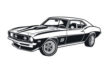 Fototapeta premium Classic muscle car silhouette in black and white vector illustration