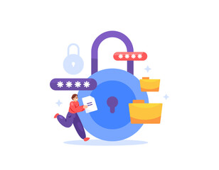 file security and safety concept. folder lock application or software. giving password to document. illustration of a user with a large padlock. flat style design. element