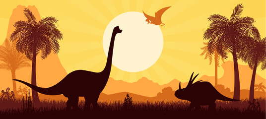 Prehistoric dinosaurs silhouettes at sunset landscape of Jurassic forest, vector background. Prehistoric giant lizards and dino pterodactyl silhouettes in jungle with sunset for paleontology museum © Vector Tradition