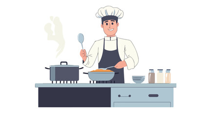 Professional Chef Cooking Concept with Man Wearing Cap and Holding Spoon