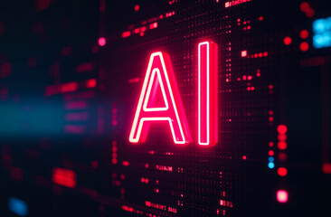 Neon AI text glowing in the dark, digital artificial intelligence banner